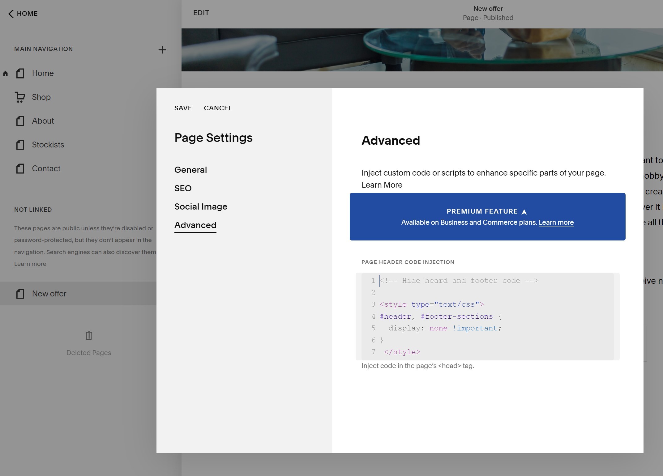 how to remove header and footer in squarespace code